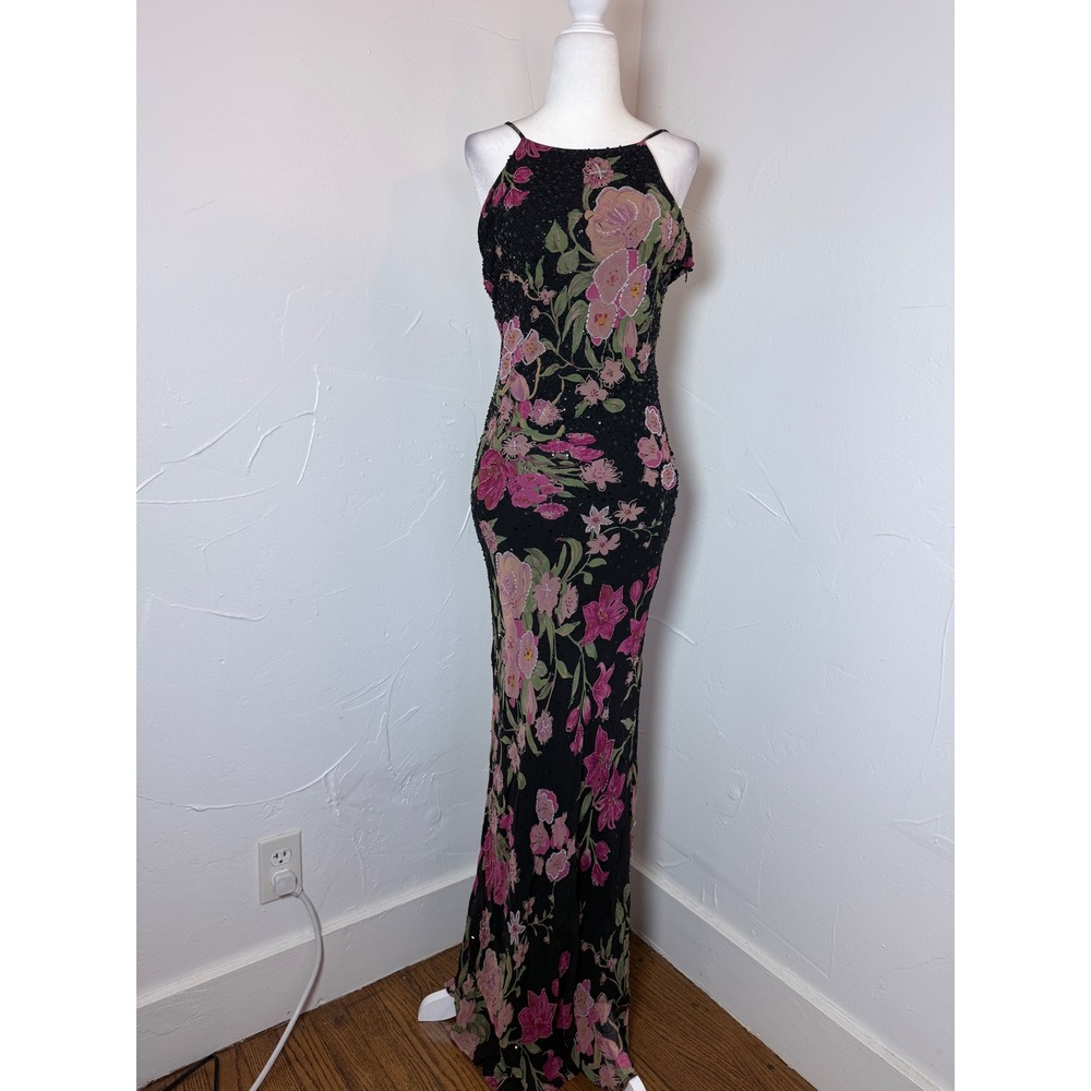Vintage Y2K Sue Wong Nocturne Silk Floral Beaded Maxi Gown Dress 6